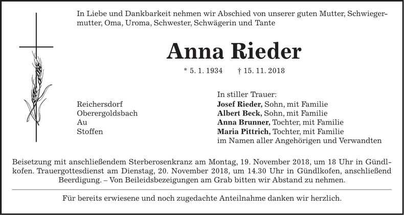 Traueranzeige Anna Rieder