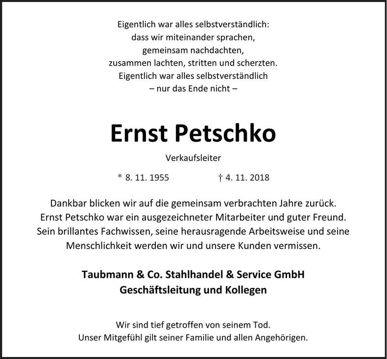 Traueranzeige Ersnt Petschko