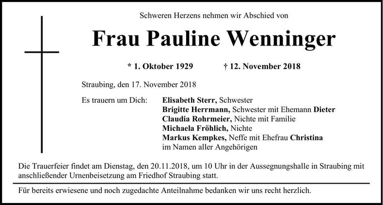 Traueranzeige Pauline Wenninger