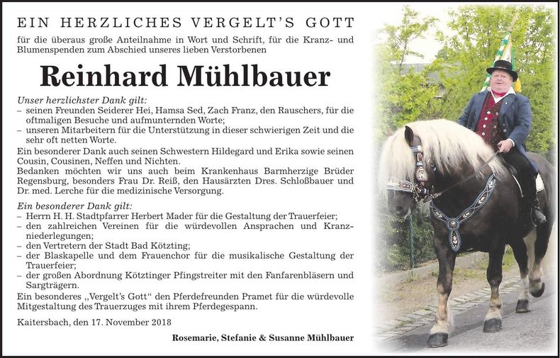 Traueranzeige Reinhard Mühlbauer