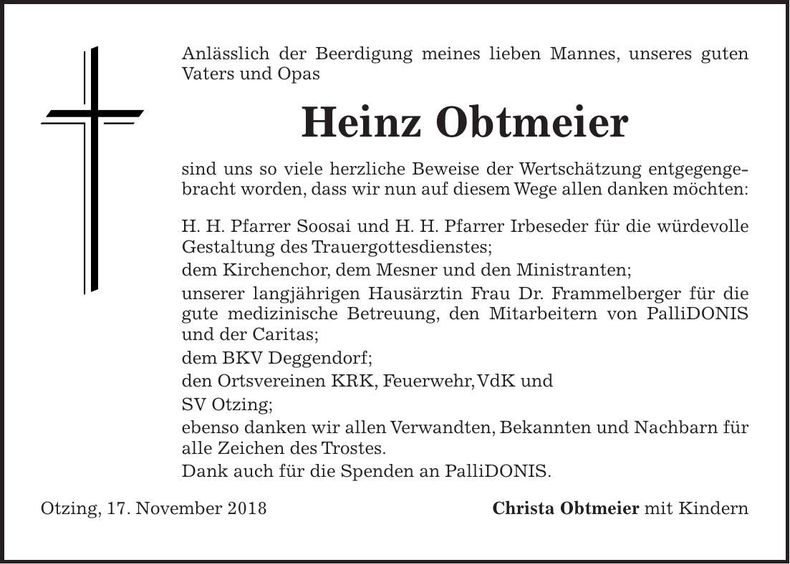 Traueranzeige Heinz Obtmeier