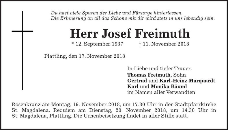 Traueranzeige Josef Freimuth