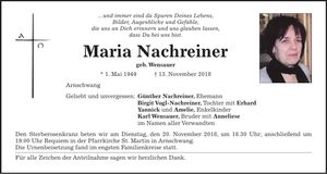 Traueranzeige Maria Nachreiner