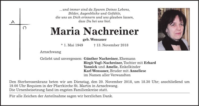 Traueranzeige Maria Nachreiner