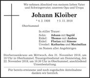 Traueranzeige Johann Kloiber