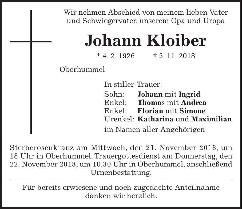 Traueranzeige Johann Kloiber