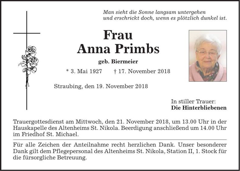 Traueranzeige Anna Primbs
