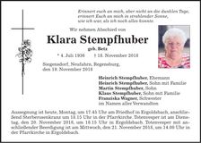 Traueranzeige Klara Stempfhuber