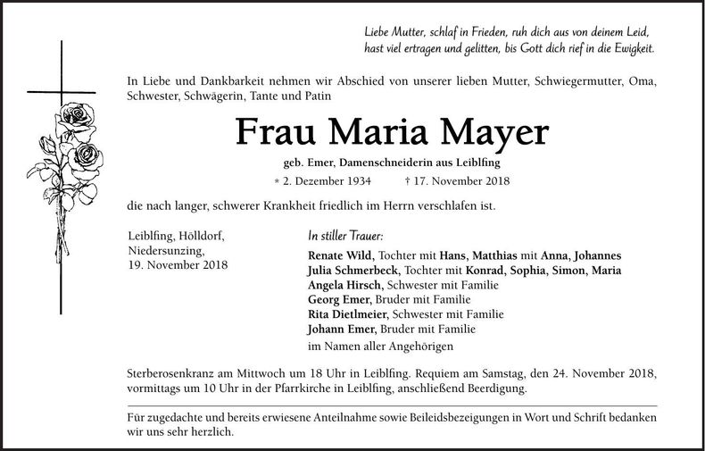 Traueranzeige Maria Mayer