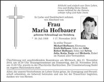 Traueranzeige Maria Hofbauer