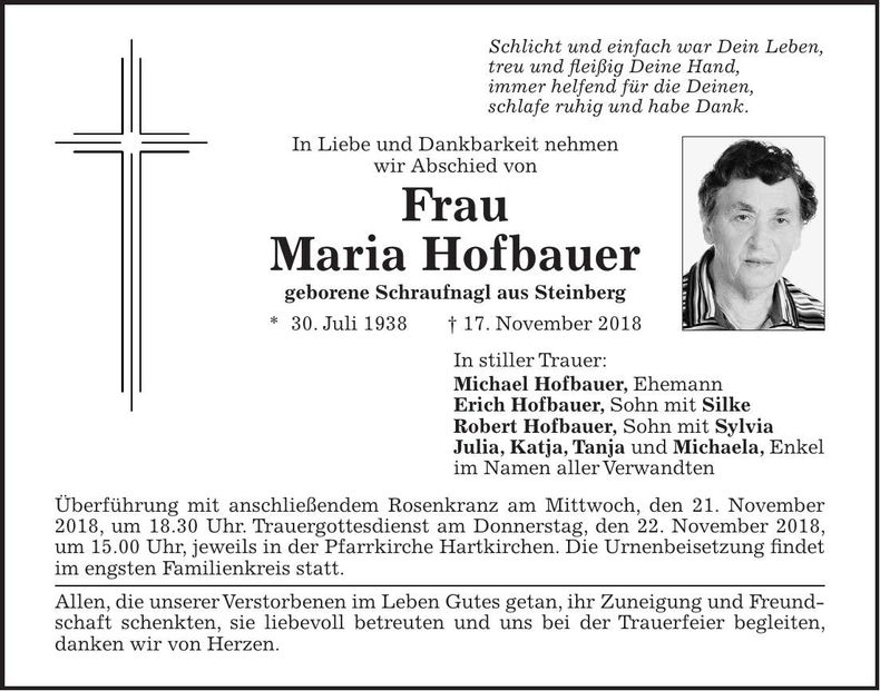 Traueranzeige Maria Hofbauer