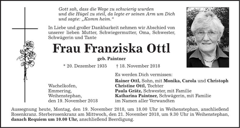 Traueranzeige Franziska Ottl