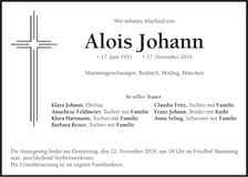 Traueranzeige Alois Johann