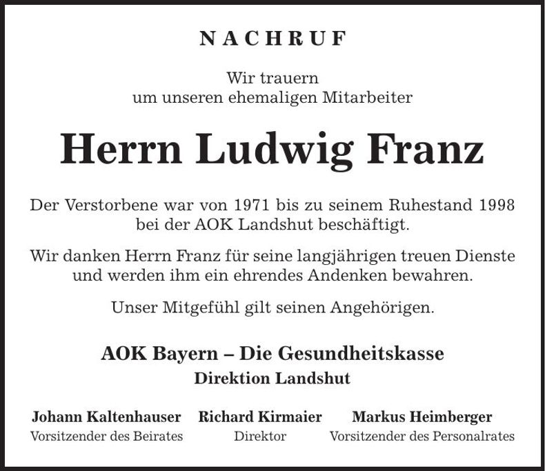 Traueranzeige Ludwig Franz