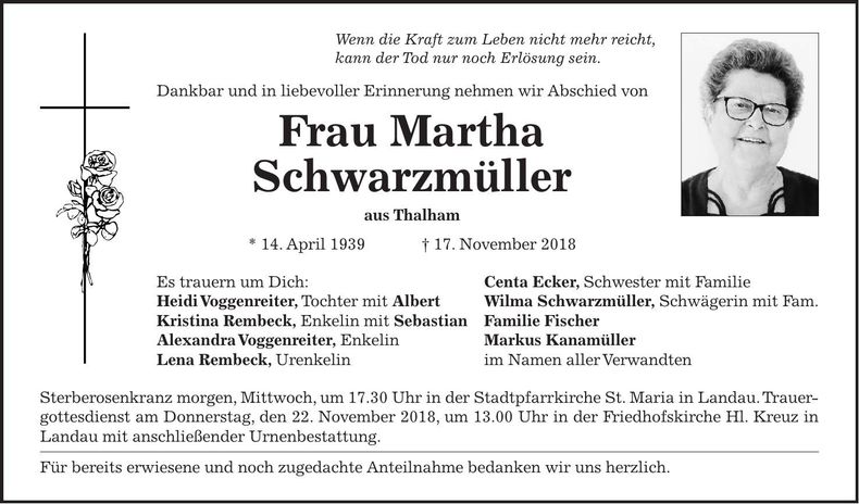 Traueranzeige Martha Schwarzmüller