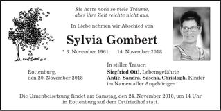 Traueranzeige Sylvia Gombert