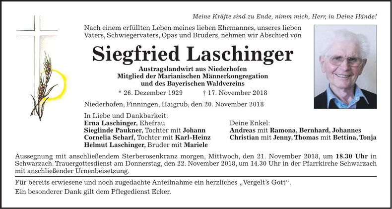 Traueranzeige Siegfried Laschinger