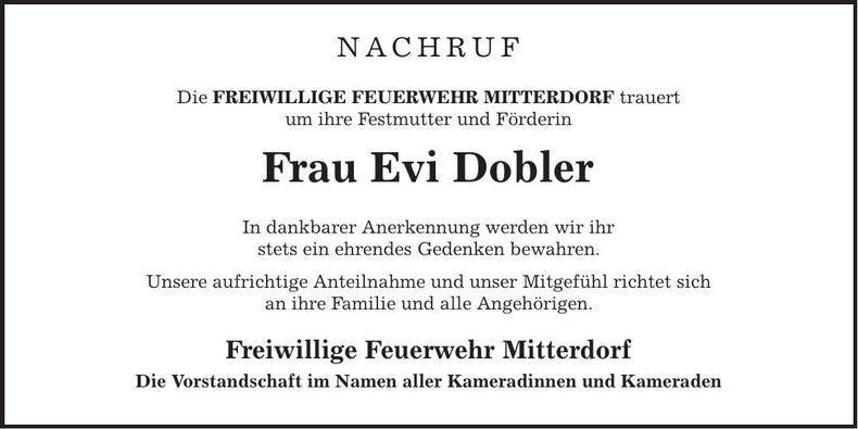 Traueranzeige Evi Dobler