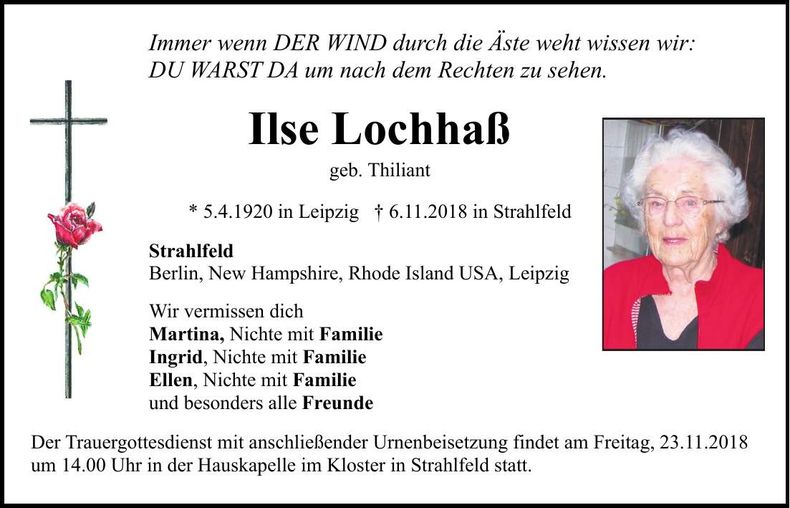 Traueranzeige Ilse Lochhaß
