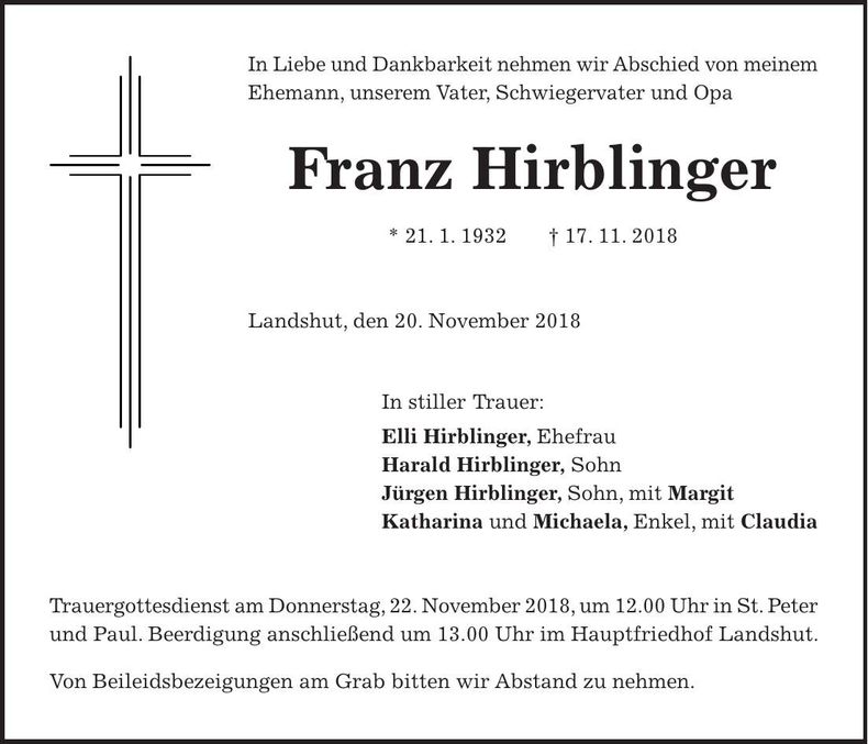 Traueranzeige Franz Hirblinger