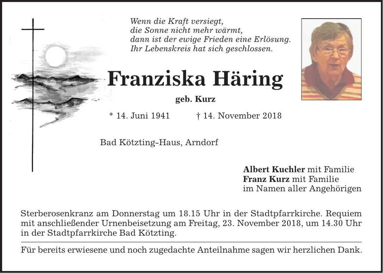 Traueranzeige Franziska Häring