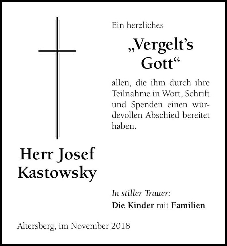 Traueranzeige Josef Kastowsky