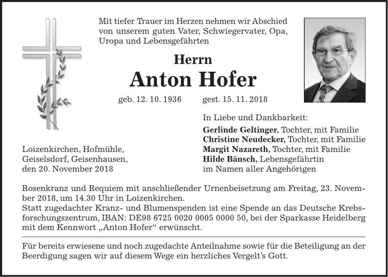 Traueranzeige Anton Hofer