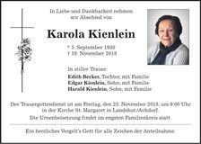 Traueranzeige Karola Kienlein