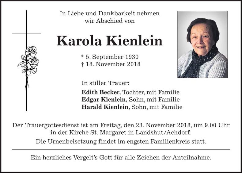 Traueranzeige Karola Kienlein