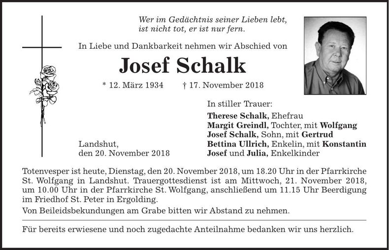 Traueranzeige Josef Schalk
