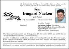 Traueranzeige Irmgard Nacken