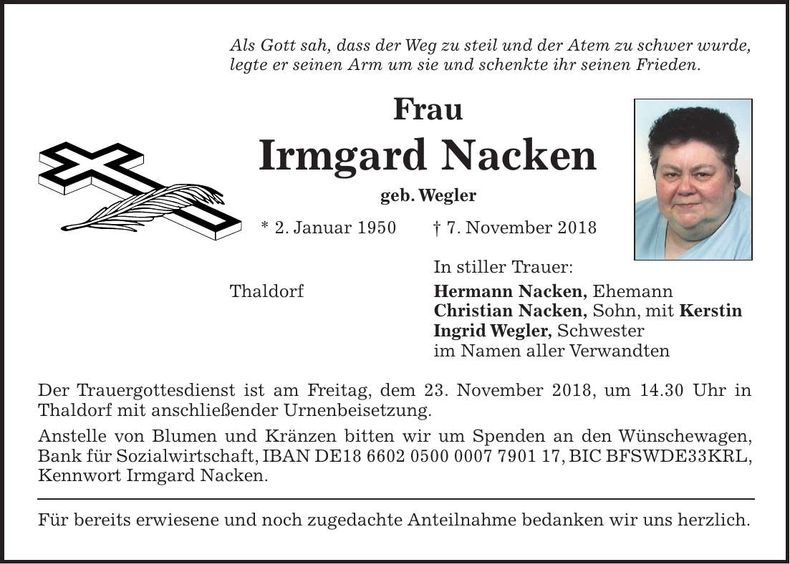 Traueranzeige Irmgard Nacken