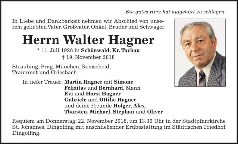 Traueranzeige Walter Hagner