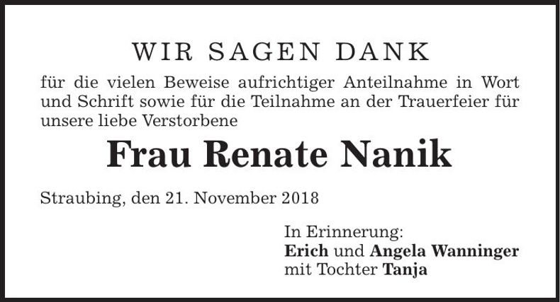 Traueranzeige Renate Nanik