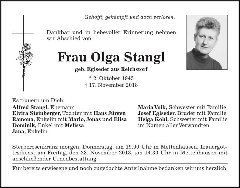 Traueranzeige Olga Stangl
