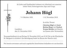 Traueranzeige Johann Högl