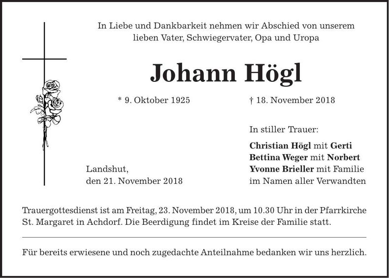 Traueranzeige Johann Högl
