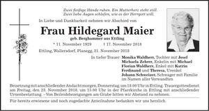 Traueranzeige Hildegard Maier