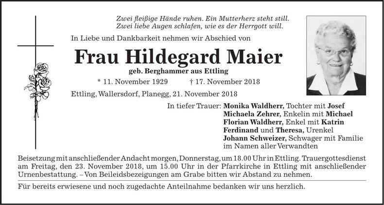 Traueranzeige Hildegard Maier