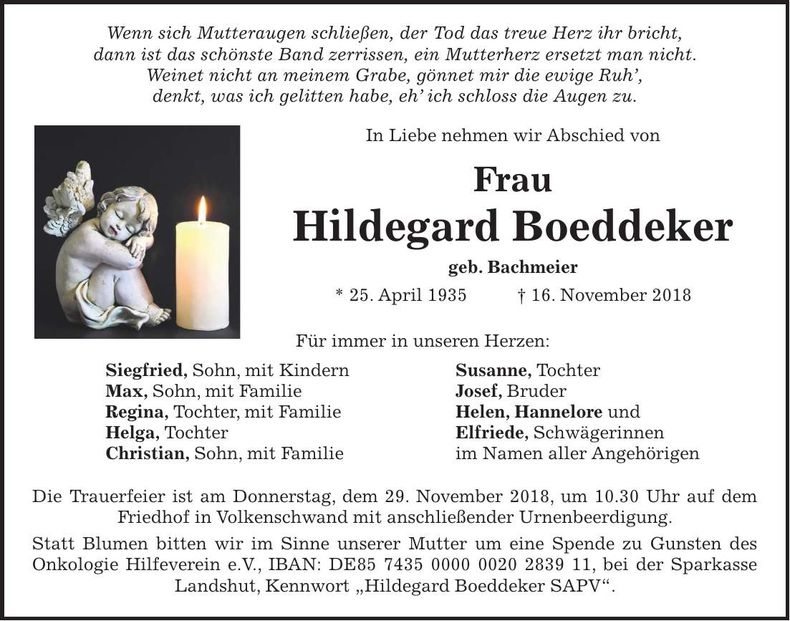 Traueranzeige Hildegard Boeddeker