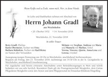 Traueranzeige Johann Gradl