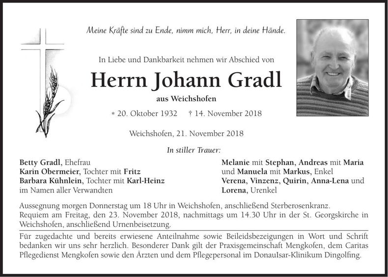 Traueranzeige Johann Gradl