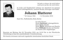 Traueranzeige Johann Hutterer