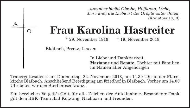 Traueranzeige Karolina Hastreiter