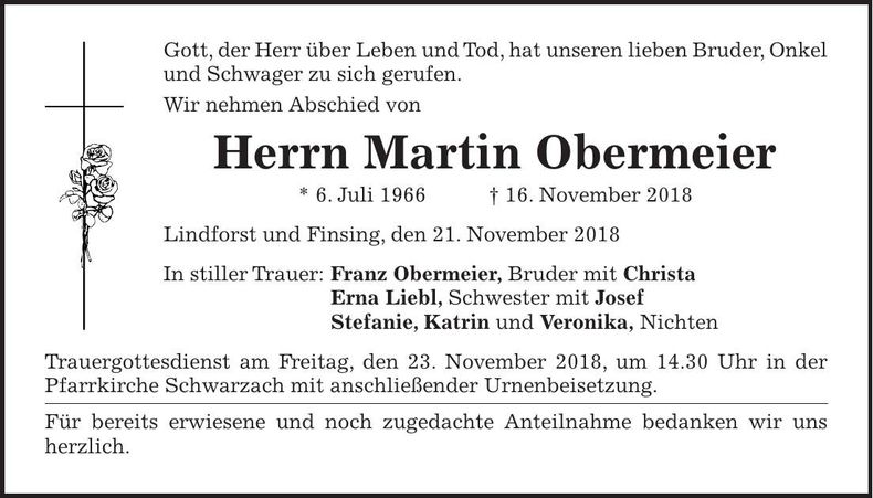 Traueranzeige Martin Obermeier