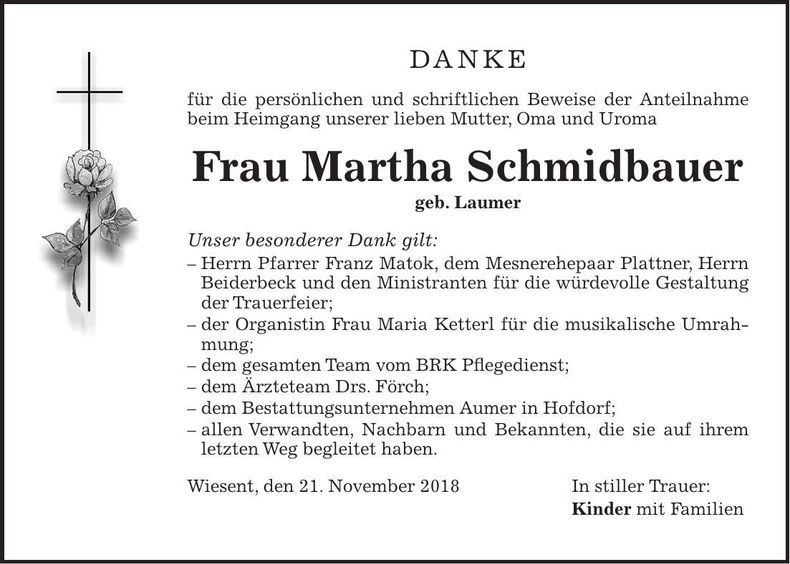 Traueranzeige Martha Schmidbauer