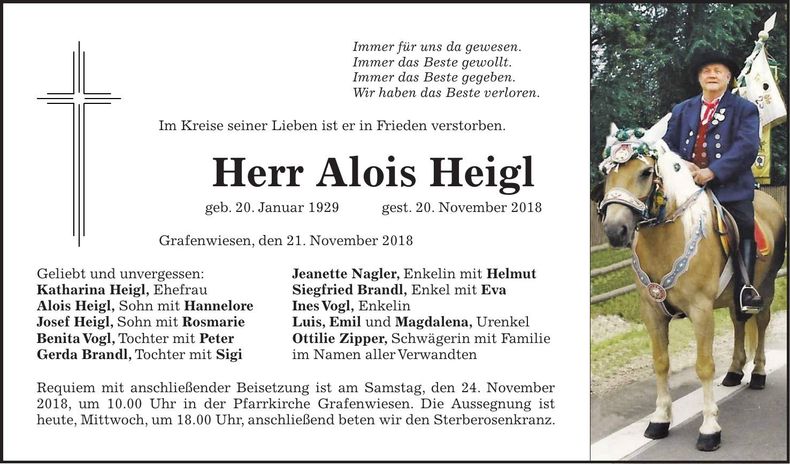 Traueranzeige Alois Heigl