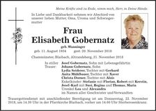 Traueranzeige Elisabeth Gobernatz