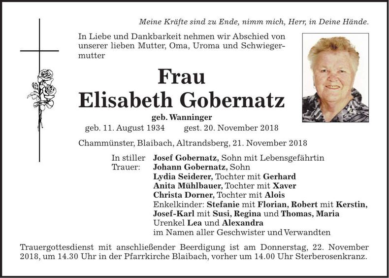 Traueranzeige Elisabeth Gobernatz