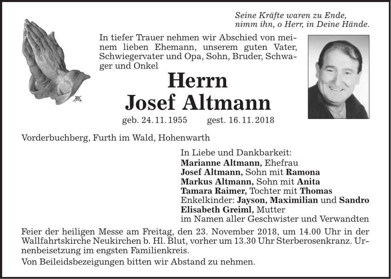 Traueranzeige Josef Altmann